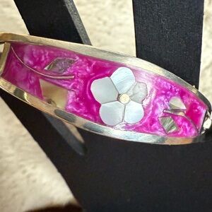 Vintage Pink Floral Bangle Taxco Mexico Mother of Pearl Inlay